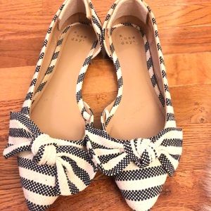 Blue and White Stripped Pointed Toe Flats with Bow